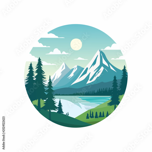 Stylized Mountain Landscape with Lake and Pine Trees