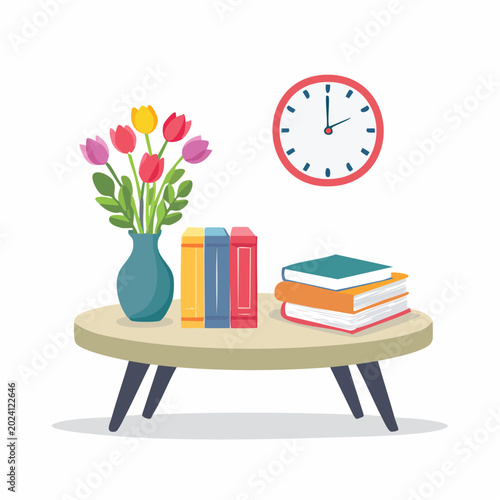 Table with Books, Flowers, and Clock