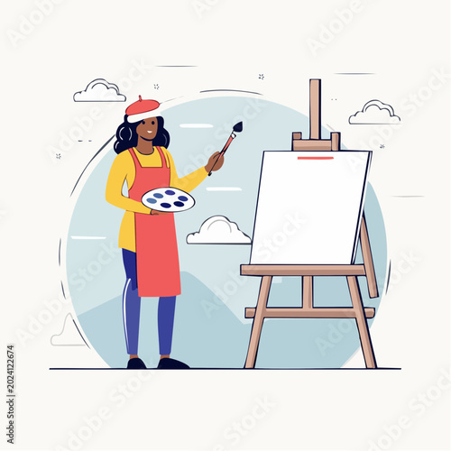 Artist painting on canvas with easel and palette