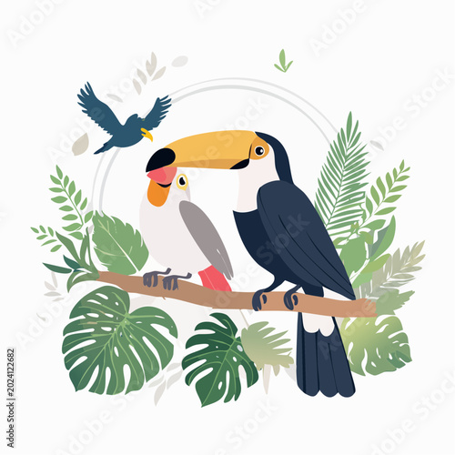 Two Toucans and a Small Bird on a Branch with Tropical Leaves