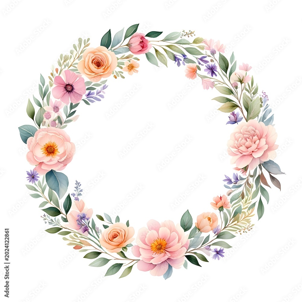 Obraz premium Delicate watercolor floral wreath with soft pastel roses and greenery