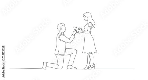 Schilderij op canvas Continuous line art drawing of a man kneeling and proposing to a woman with marr