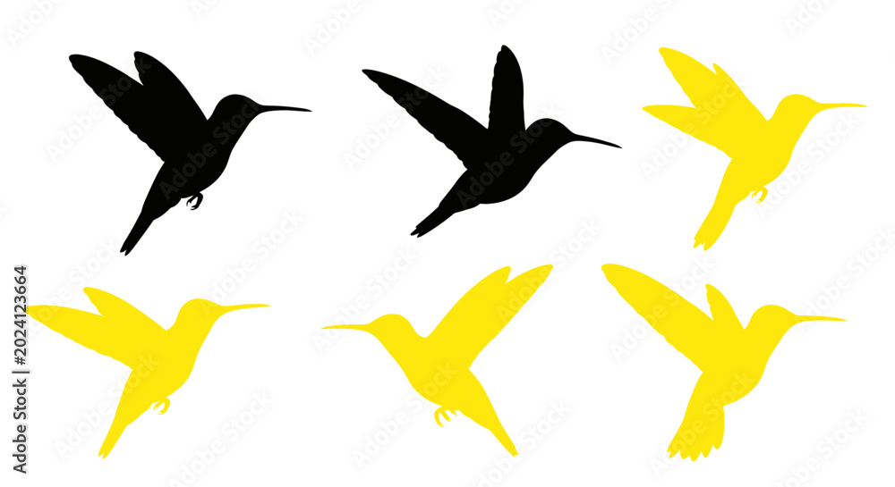 Obraz premium Black and Yellow Hummingbird Silhouettes in Flight
