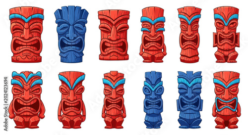 Billede på lærred Collection of Tiki Masks in Red and Blue Colors
