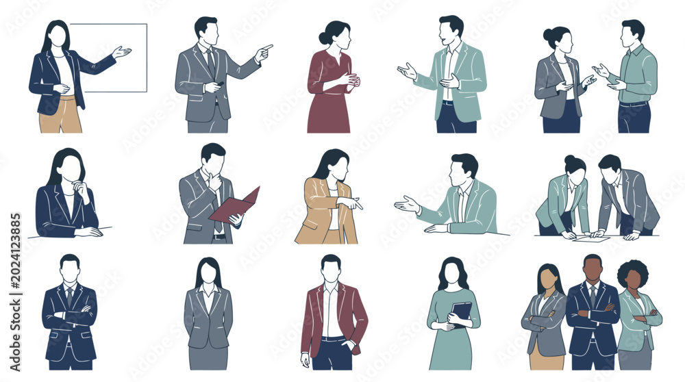 Fototapeta premium Business Meeting Icon Set: Diverse Professionals in Flat Line Art Style