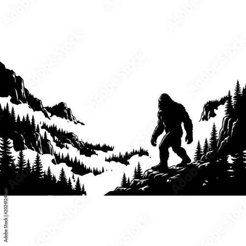 Bigfoot Sasquatch Walking in Mountain Forest Landscape Vector Woodcut Art