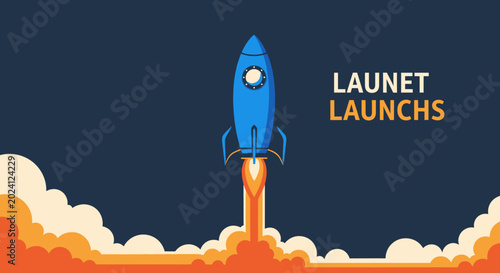 Foto Blue rocket launching into dark blue sky with orange and white clouds, LAUNET LA