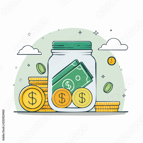 Money Jar with Coins and Banknotes