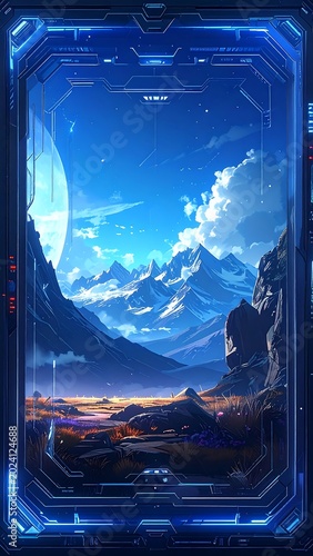 Futuristic mountain landscape with blue sky.