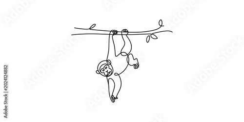 Foto Minimalist one line drawing of a monkey hanging from a branch Vector, illustrati