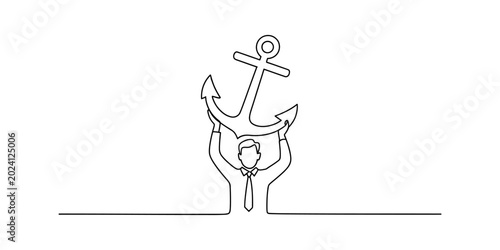 Foto Man in suit holding anchor overhead, single line drawing Vector, illustration