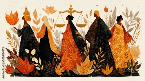 Five women in richly patterned robes stand among abundant autumnal foliage holding scales of justice