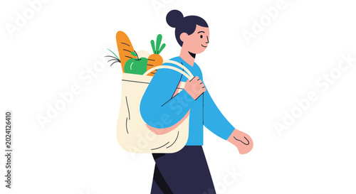 Photos Woman Carrying Reusable Shopping Bag Full of Fresh Groceries