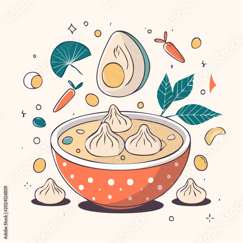 Stylized Illustration of a Bowl of Dumplings with Ingredients