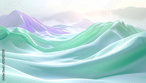 Abstract Landscape of Serene Waves: Ethereal, abstract waves of pastel colors, including soft purple and mint green, undulate across a serene landscape, bathed in a gentle, diffused light.