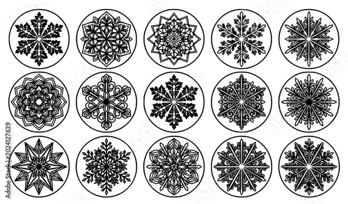 Foto Ornate geometric snowflake pattern vector pack with monochrome crystalline abstr