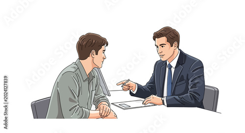 Photos Business meeting, man in suit talking to client at desk, discussing documents