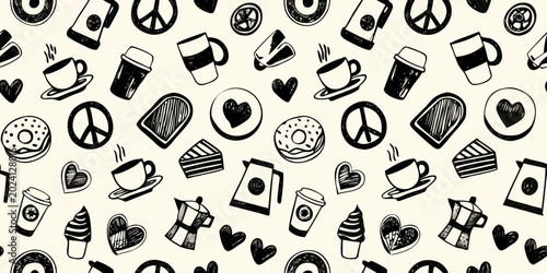 Bild auf Leinwand coffee and sweets doodle pattern black and white