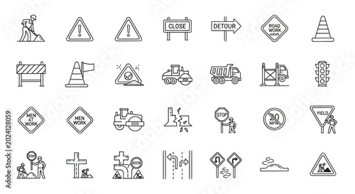 Road Construction Signs and Symbols Vector Icons Set