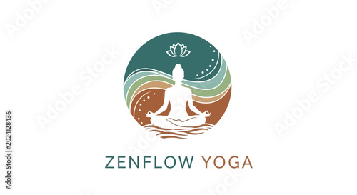 ZenFlow Yoga Logo - Woman Meditating in Lotus Pose with Abstract Waves and Lotus Flower