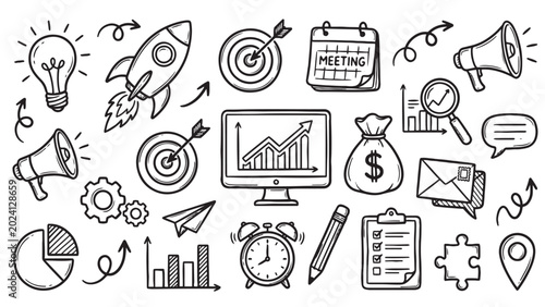 Business marketing strategy hand drawn doodle set with startup growth analytics planning and communication icons for creative design
