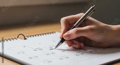 A woman's hand holding a pen to write on a calendar page, symbolizing planning and organization