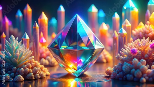 A radiant gemstone centerpiece amidst a vibrant crystalline landscape, surrounded by luminescent flora