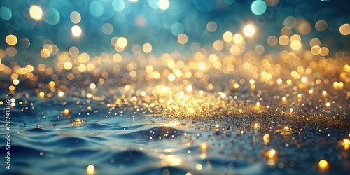 Golden Glitter on a Dark Blue Water Surface with Sparkling Lights