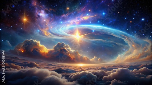 Celestial panorama of a vibrant sunrise over a breathtaking expanse of clouds, with a cosmic swirl of nebulae and stars illuminating the heavens above