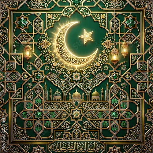 Luxury Green and Gold Pakistan Islamic Geometric Background Design