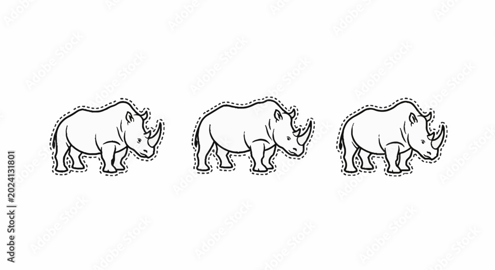 Fototapeta premium Rhinoceros wildlife outline icon with dashed border
