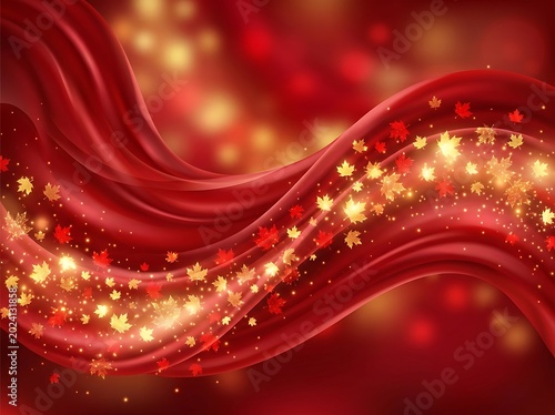 Red wave background, with maple leaves, golden sparkles