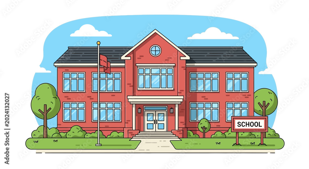 Naklejka premium Classic red brick school building with flag and sign, surrounded by trees and green grass.