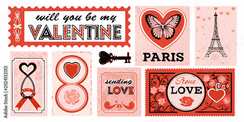 Photography Vintage valentine collage with hearts paris and postage stamps