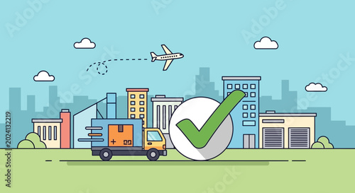 Cuadro en lienzo Logistics Delivery Service: Truck, Airplane, Cityscape, Check Mark Icon