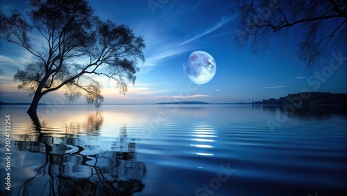 Serene Waters Underneath a Majestic Night Sky, Silhouetted Trees Reflecting in Tranquil Lake