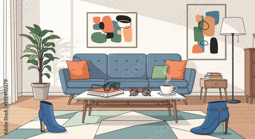 Cozy living room with blue sofa, modern abstract art, plants, and stylish blue boots.