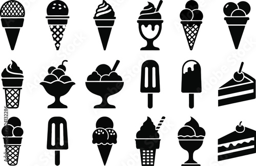Minimal black ice cream dessert icon set with cone popsicle cupcake and cake vector illustration