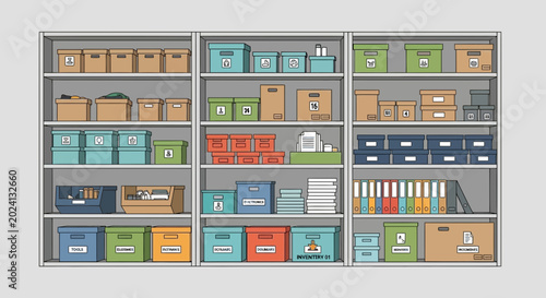 Organized storage shelves with boxes, bins, folders, and supplies.
