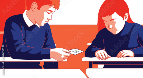 Illustration of two students in a classroom, one secretly passing a note to the other