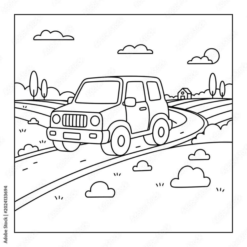 Obraz premium Automobile traveling along a peaceful countryside road past a farm in this fun kids coloring page