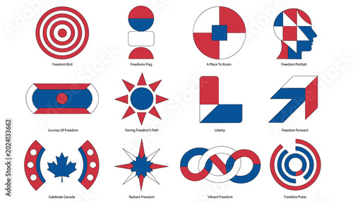Photos A grid of twelve abstract graphic designs and symbols in red, white, and blue, each with a descriptive label, representing concepts like freedom, progress, and clarity