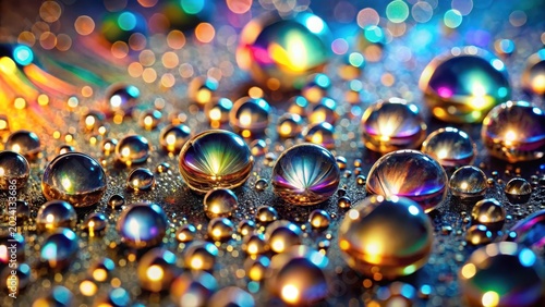 A Symphony of Iridescent Water Droplets on a Dark Surface, Reflecting Kaleidoscopic Lights