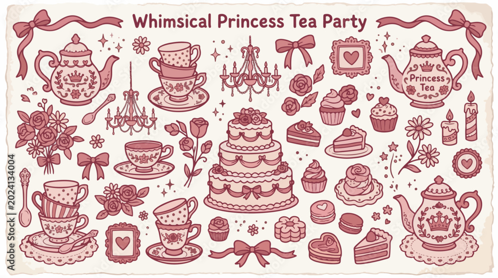 Obraz premium Whimsical Princess Tea Party themed illustrations featuring teapots, cakes, and sweets in a charming doodle style.
