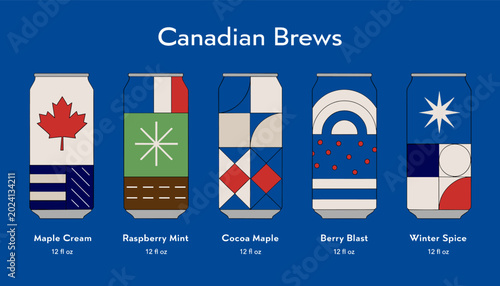Quadro su tela A vibrant illustration showcasing five distinct Canadian brew cans with unique flavors and geometric designs