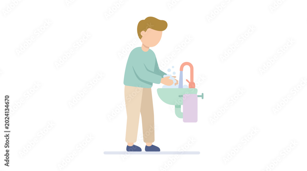 Fototapeta premium Illustration of a young boy washing his hands at a sink for hygiene.