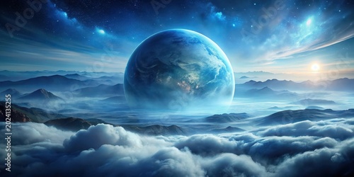 Celestial Orb Descends Upon a Dreamlike Landscape of Misty Mountains and Serene Clouds Under a Starry Sky