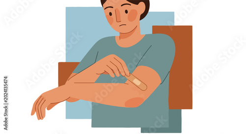 Person applies bandage to arm over a skin rash or irritation, health concept