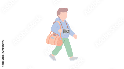 Canvastavla Cartoon illustration of a person walking with a shoulder bag during daytime