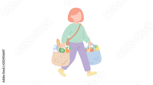 Tableau sur toile Cartoon shopper walking on a colorful street with groceries and shopping bags
